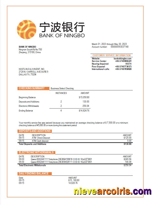 Bank of Ningbo business bank statement
